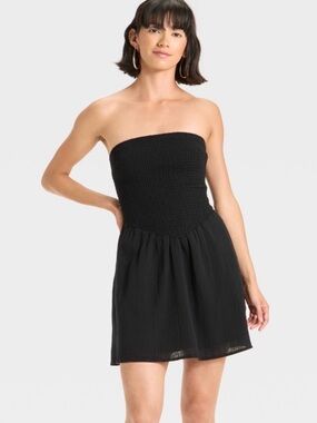 Women's Smocked Crinkle Gauze Mini Strapless Basque Waist Sundress - Black